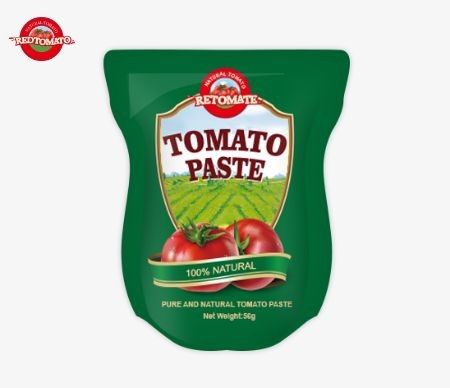 Bolso de pie que contiene 56 g de pasta de tomate doble concentrado con una pureza que oscila entre el 28% y el 100%