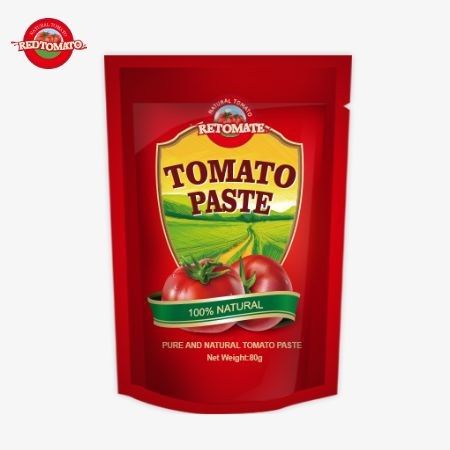 80 g de pasta de tomate de doble concentración envasada en una bolsa de pie con niveles de pureza que van desde el 30% hasta el 100%
