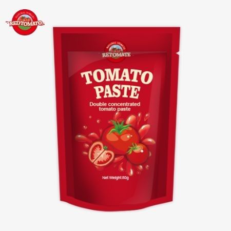 Bolsa de pie que contiene 80 g de pasta de tomate de doble concentración ofrecida con niveles de pureza que varían del 30% al 100%