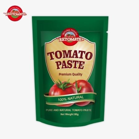 Bolsa de 80 g con pasta de tomate doble concentrado con niveles de pureza que oscilan entre el 30% y el 100%