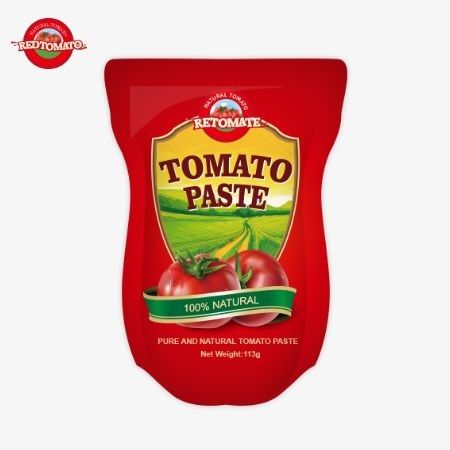 La fábrica de pasta de tomate produce 113g de bolsas de pie siguiendo las normas de producción ISO HACCP BRC y FDA