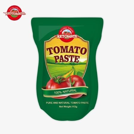La fábrica de pasta de tomate produce 113g de bolsas de pie siguiendo las normas de producción ISO HACCP BRC y FDA