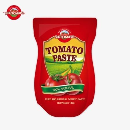Saco de 140 g de pasta de tomate agrio y dulce, disponible en niveles de pureza del 22% al 30%