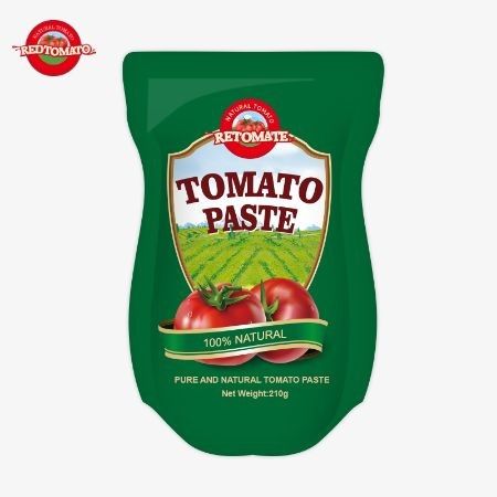 La producción de 210 gramos de pasta de tomate en bolsita de pie cumple con los estándares de fabricación ISO HACCP BRC y FDA