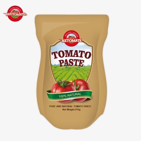 La producción de 210 gramos de pasta de tomate en bolsas de pie cumple con las normas ISO HACCP BRC y FDA