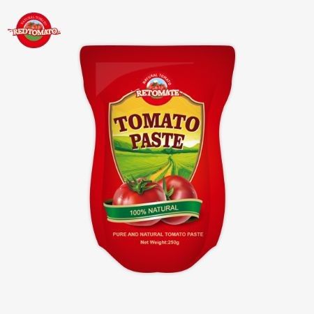 Esta bolsa de pie contiene 250g de pasta de tomate dulce y picante con una pureza que oscila entre el 30% y el 100%