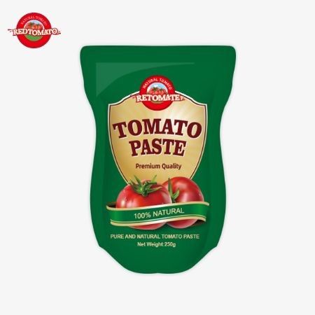 La bolsa de pie es 250 gramos de pasta de tomate dulce y picante con un rango de pureza que va del 30% al 100%
