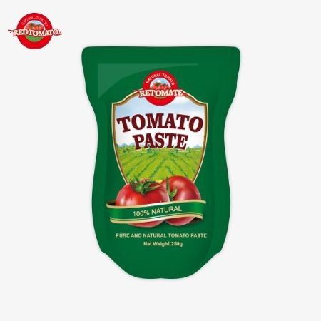 La bolsa de pie contiene 250g de pasta de tomate dulce y picante con un rango de pureza del 30% al 100%
