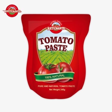 La bolsa de pie contiene 340g de pasta de tomate dulce y picante con un rango de pureza que va del 30% al 100%