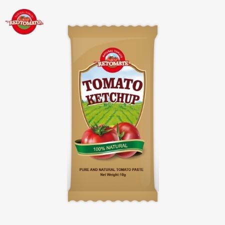 10 gramos de ketchup con un sabor agrio y dulce y un sabor natural puro