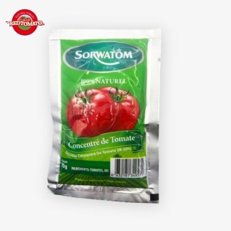 70g de pasta de tomate en bolsas planas concentradas a un Brix 28-30% Disponible bajo la marca Retomate o personalizable con su propio OEM