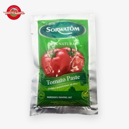 70g de pasta de tomate en bolsas planas concentradas a un Brix 28-30% Disponible bajo la marca Retomate o personalizable con su propio OEM