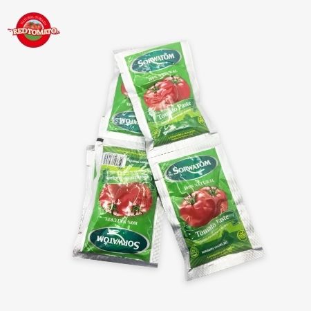 70g de pasta de tomate en bolsas planas concentradas a un Brix 28-30% Disponible bajo la marca Retomate o personalizable con su propio OEM