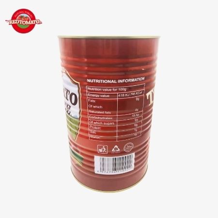 Retomate 4500g de pasta de tomate enlatada (Brix 28 ¢ 30%) está disponible bajo nuestra marca con servicios completos de diseño de marca y embalaje