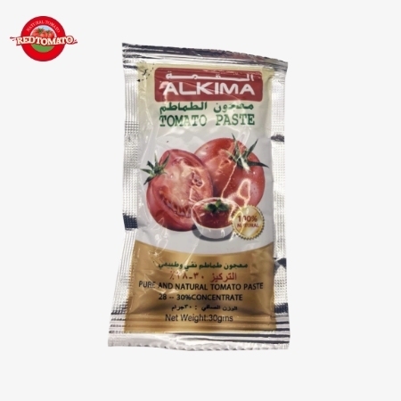 ALKIMA Sobre plano de 30g Pasta de tomate concentrada a Brix 28–30% Disponible bajo la marca Retomate o personalizable con su propio OEM