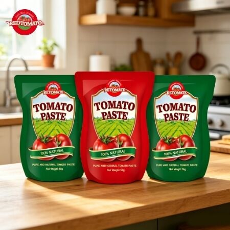 Suministramos pasta de tomate a granel en bolsas de pie de 56g y 70g, entregando pasta de tomate pura y natural sin aditivos artificiales