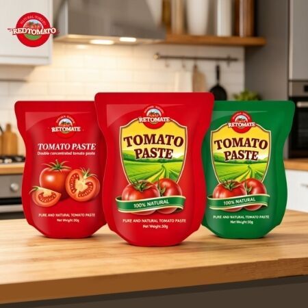 Esta bolsa de pie contiene 56 g de pasta de tomate doble concentrada, con un rango de pureza del 28% al 100%