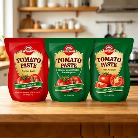 Bolsa autosoportante de pasta de tomate doblemente concentrada de 56 g con pureza del 28% al 100%