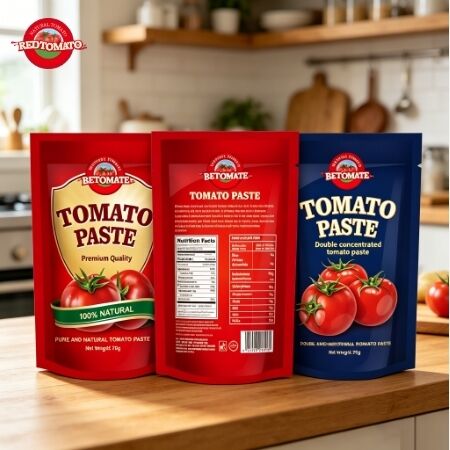 Pasta de tomate concentrada doble en bolsa autosoportante de 70g con certificaciones ISO, HACCP, BRC y FDA