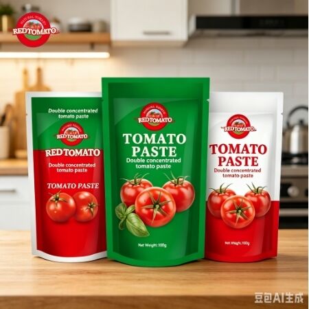 100 g de pasta de tomate en bolsita de pie con concentración triple y certificación ISO, HACCP, BRC, FDA
