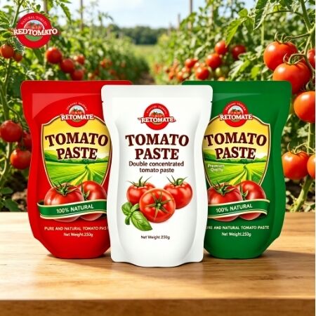 250 g de pasta de tomate en bolsas de pie con un 30%-100% de pureza y sabor dulce.