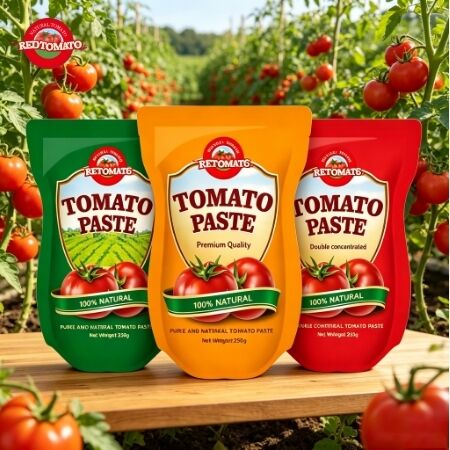 250 g de pasta de tomate en bolsas de pie con un 30%-100% de pureza y sabor dulce.