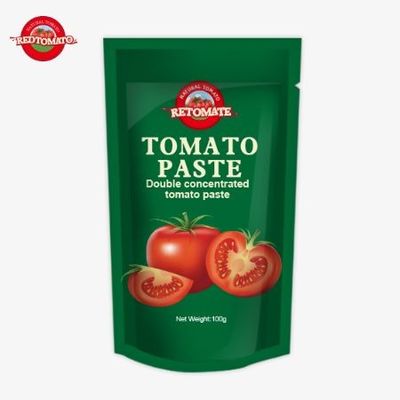 Pasta de tomate con 100% de pureza envasada en una bolsa de 100 gramos