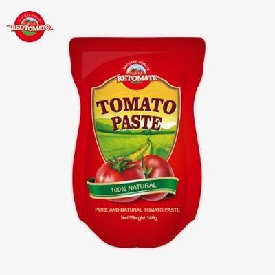 Saco de 140 g de pasta de tomate agrio y dulce, disponible en niveles de pureza del 22% al 30%