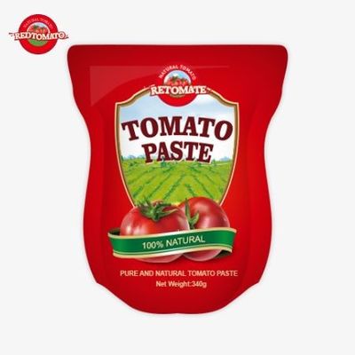 La bolsa de pie contiene 340g de pasta de tomate dulce y picante con un rango de pureza que va del 30% al 100%