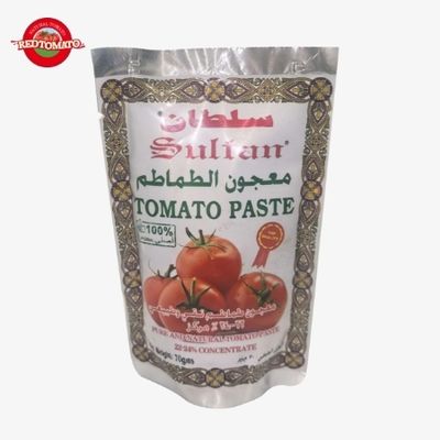 Sobres de pasta de tomate de alta calidad de la marca SULTAN disponibles. Diseños verticales, doble concentrado y con un peso de 70g. Brix 22–24%
